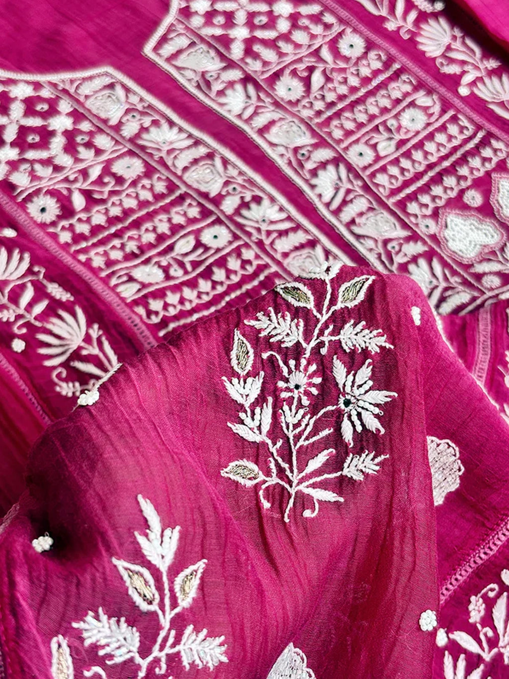 Hot Pink Mul Chanderi Chikankari Un-stitched Kurti Piece with Dupatta