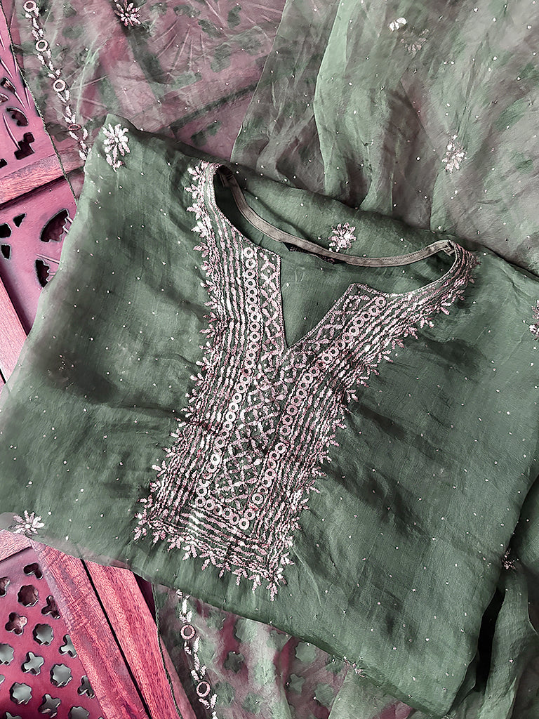 Premium viscose unstitched kurti piece with dupatta featuring delicate embroidery and sequin detailing for festive and ethnic wear.
