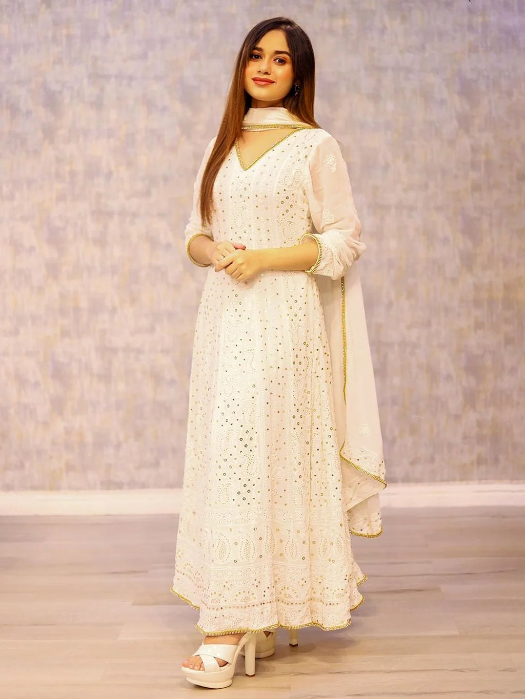 Jannat Zubair wearing a white chikankari anarkali from a Chikanlabel Luxe