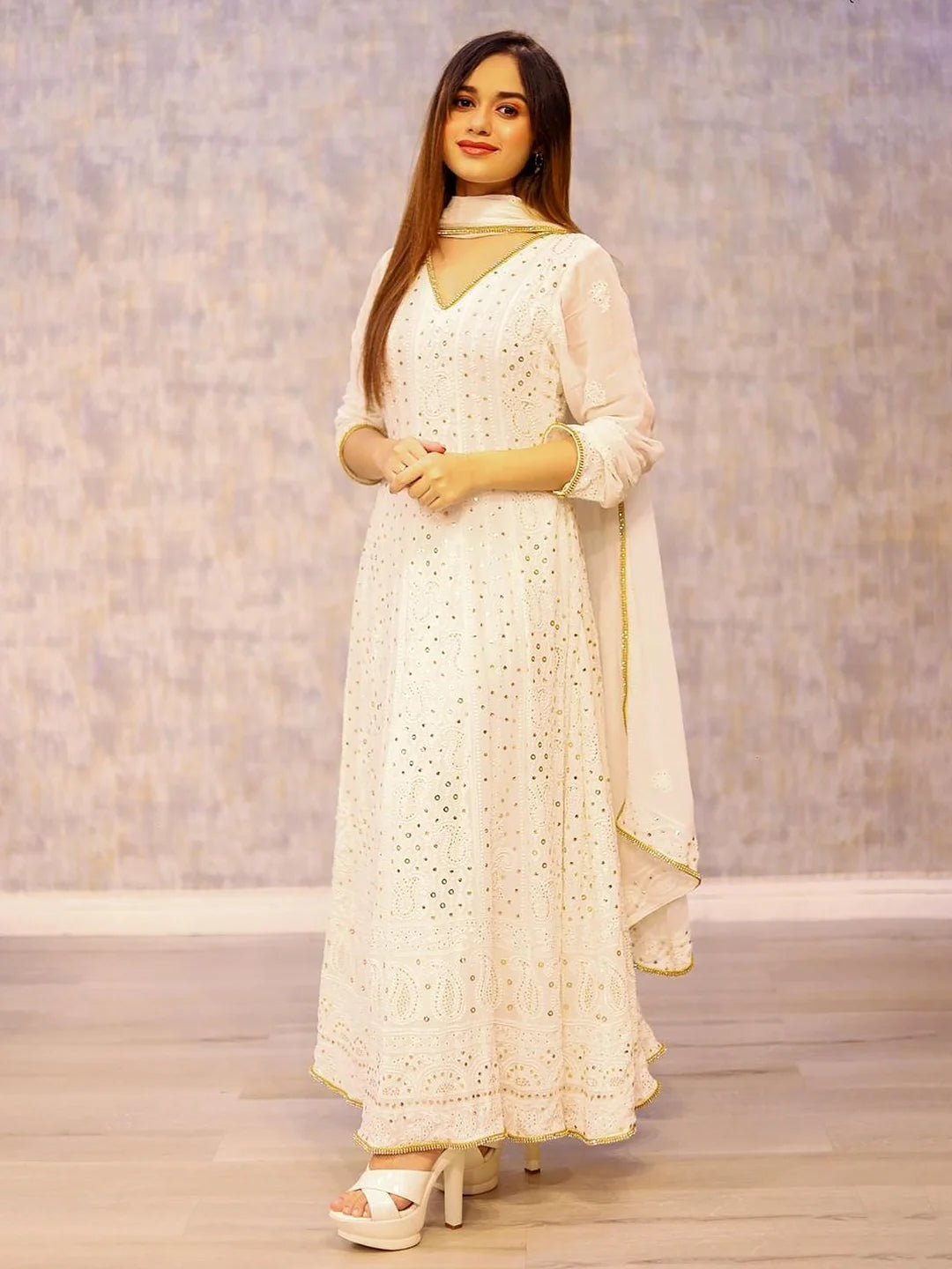 Jannat Zubair wearing a white chikankari anarkali from a Chikanlabel Luxe