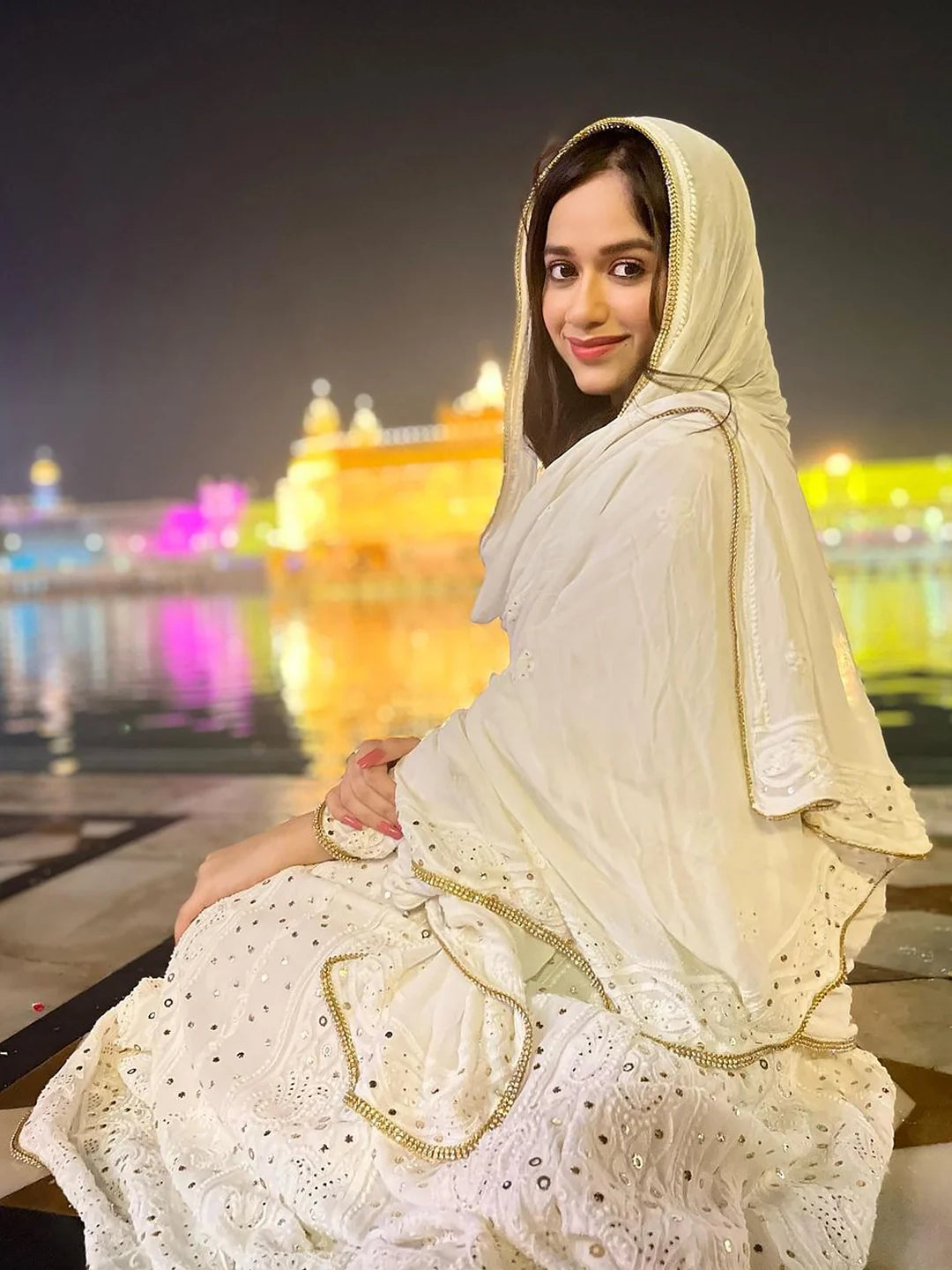 Jannat wearing Jannat Zubair Shifa Viscose Chikankari Anarkali with Dupatta
