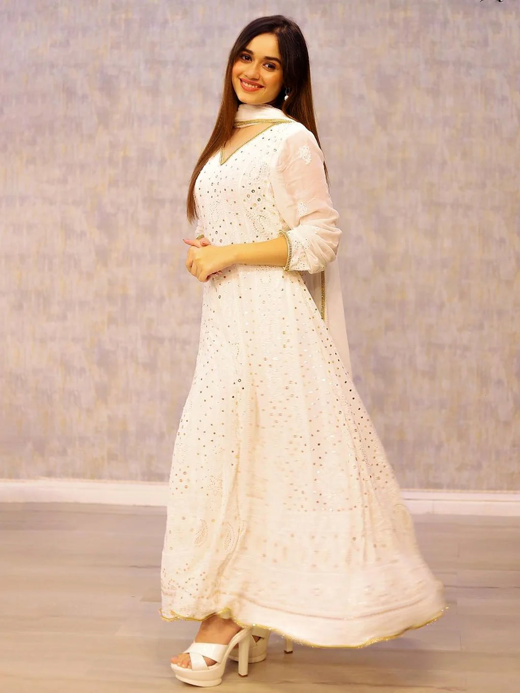 Jannat Zubair wearing a white chikankari anarkali from a Chikanlabel Luxe