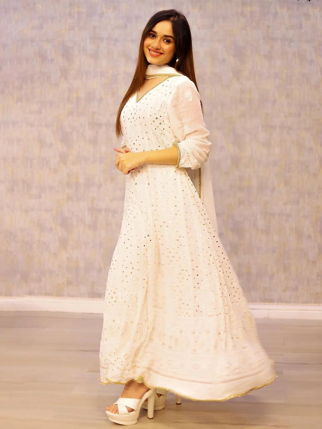 Jannat Zubair wearing a white chikankari anarkali from a Chikanlabel Luxe