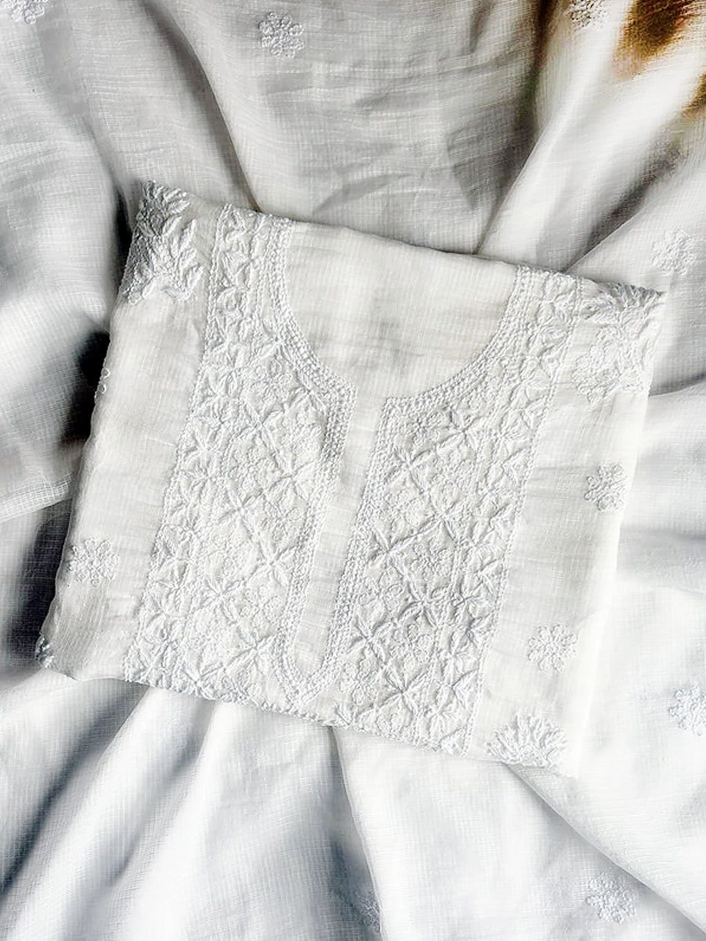 White Eshani Kota Doria Chikankari Un-stitched Kurti Piece with Dupatta