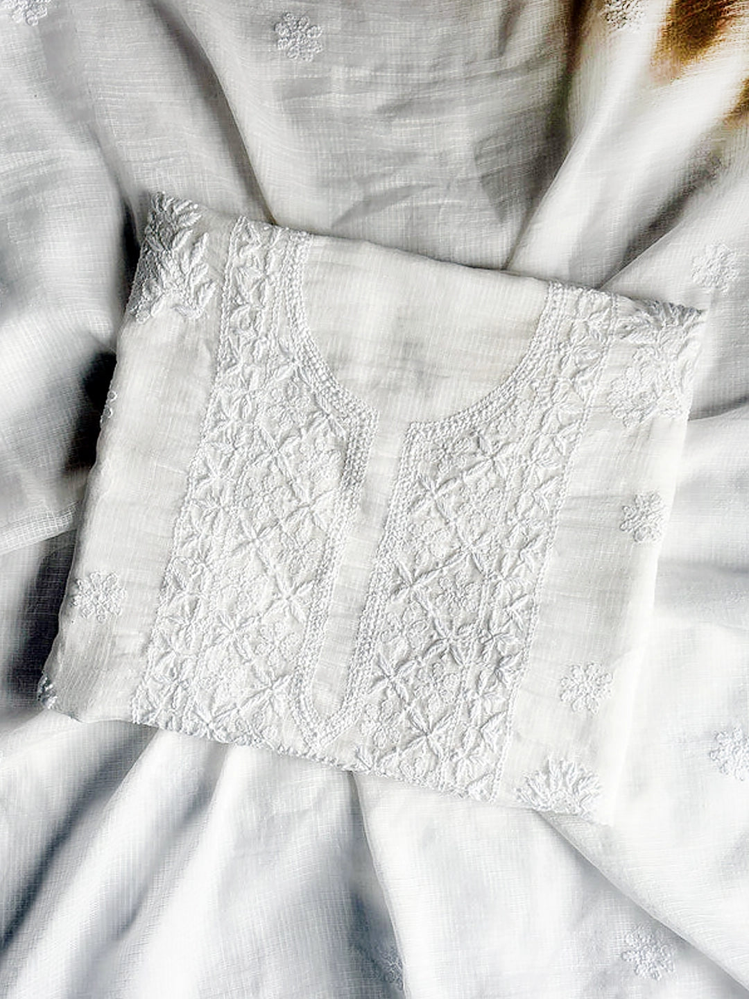 White Eshani Kota Doria Chikankari Un-stitched Kurti Piece with Dupatta