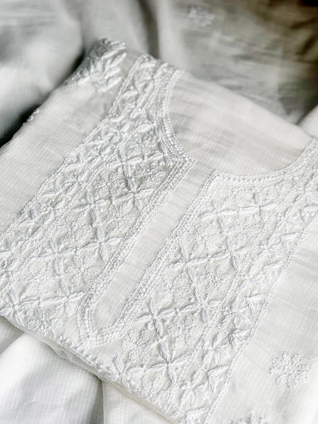 White Eshani Kota Doria Chikankari Un-stitched Kurti Piece with Dupatta