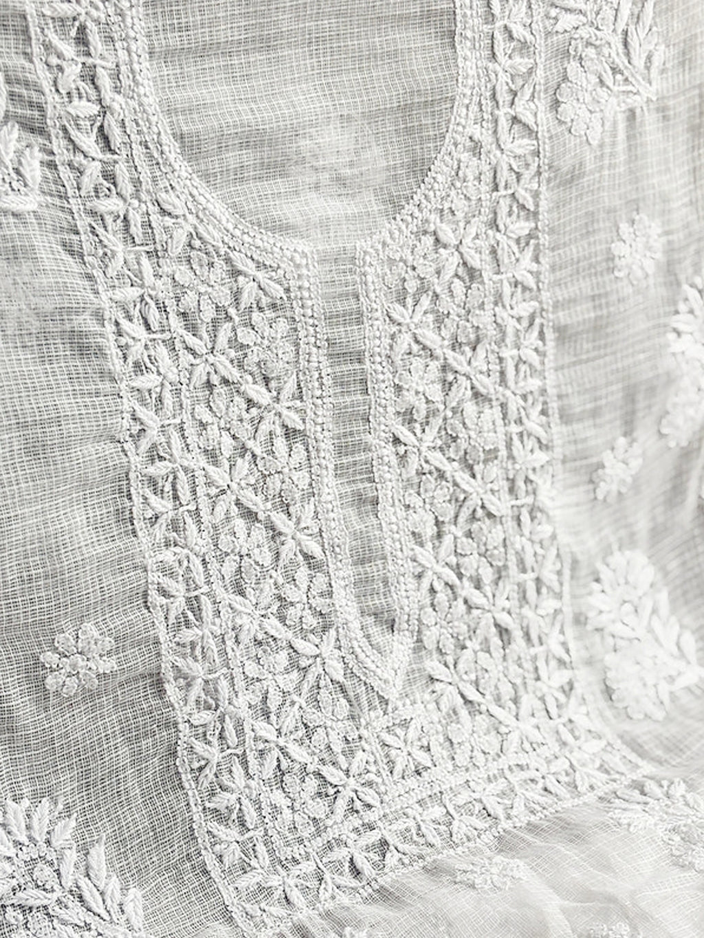 White Eshani Kota Doria Chikankari Un-stitched Kurti Piece with Dupatta