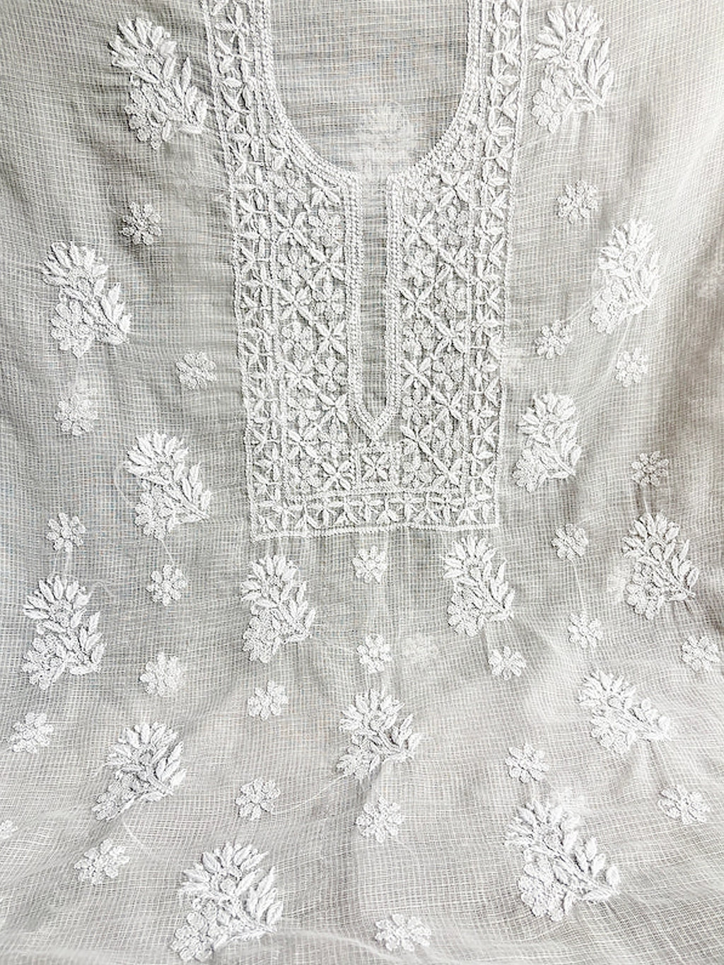 White Eshani Kota Doria Chikankari Un-stitched Kurti Piece with Dupatta
