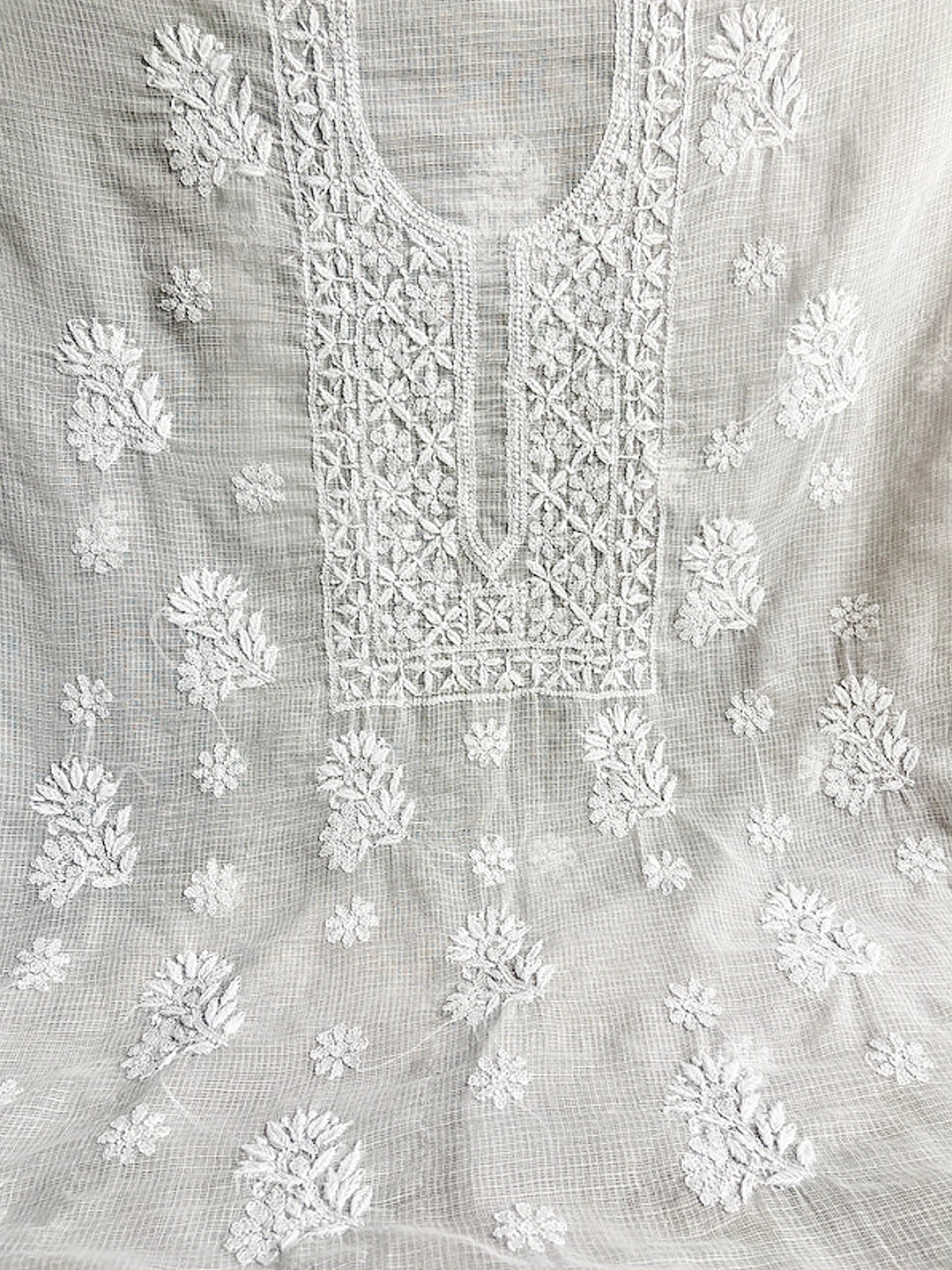 White Eshani Kota Doria Chikankari Un-stitched Kurti Piece with Dupatta