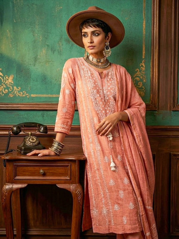 Roomi Tissue Silk Chikankari Kurta - Latte