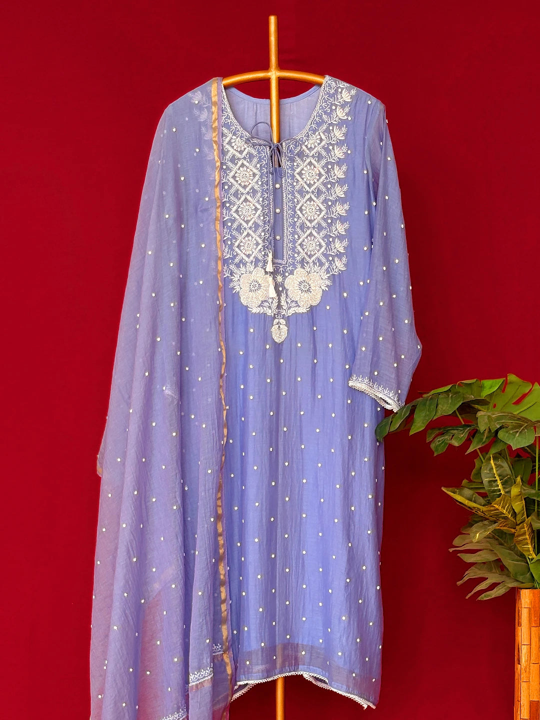 Lavender Mul Chanderi Chikankari Straight Kurta With Dupatta