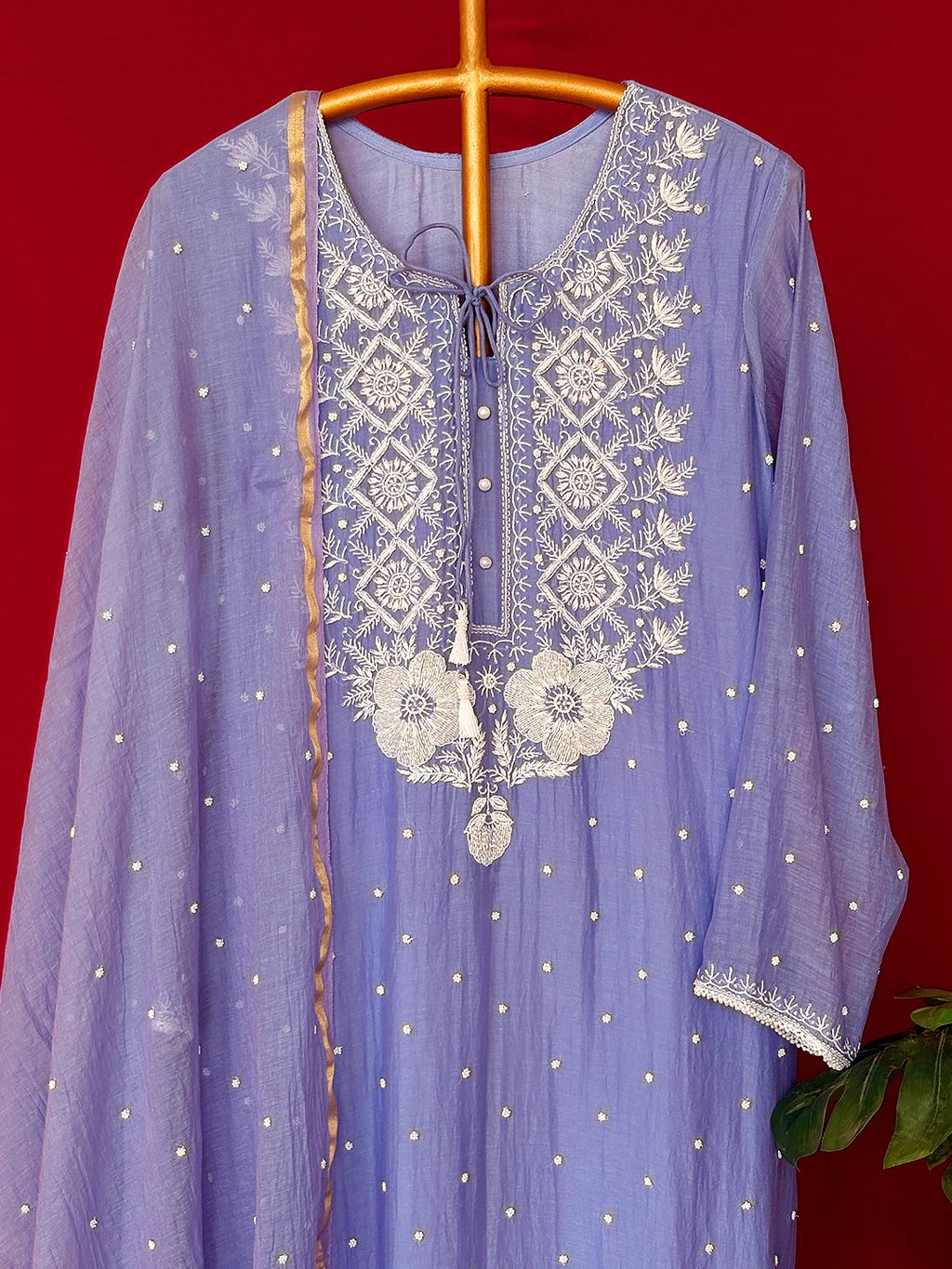 Lavender Mul Chanderi Chikankari Straight Kurta With Dupatta