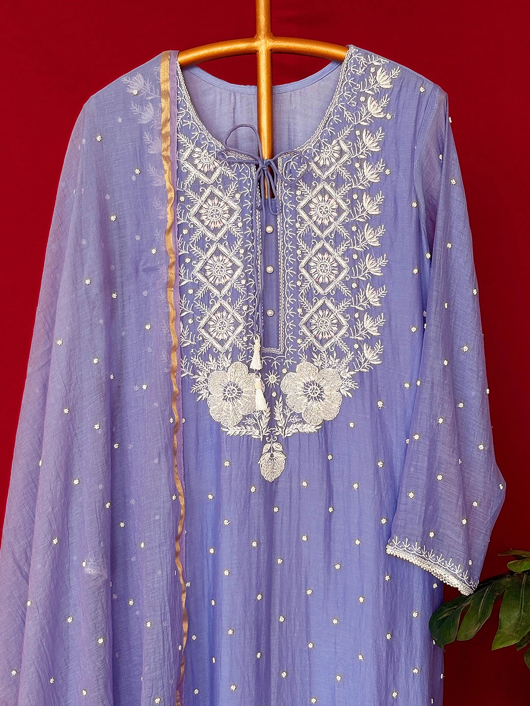 Lavender Mul Chanderi Chikankari Straight Kurta With Dupatta
