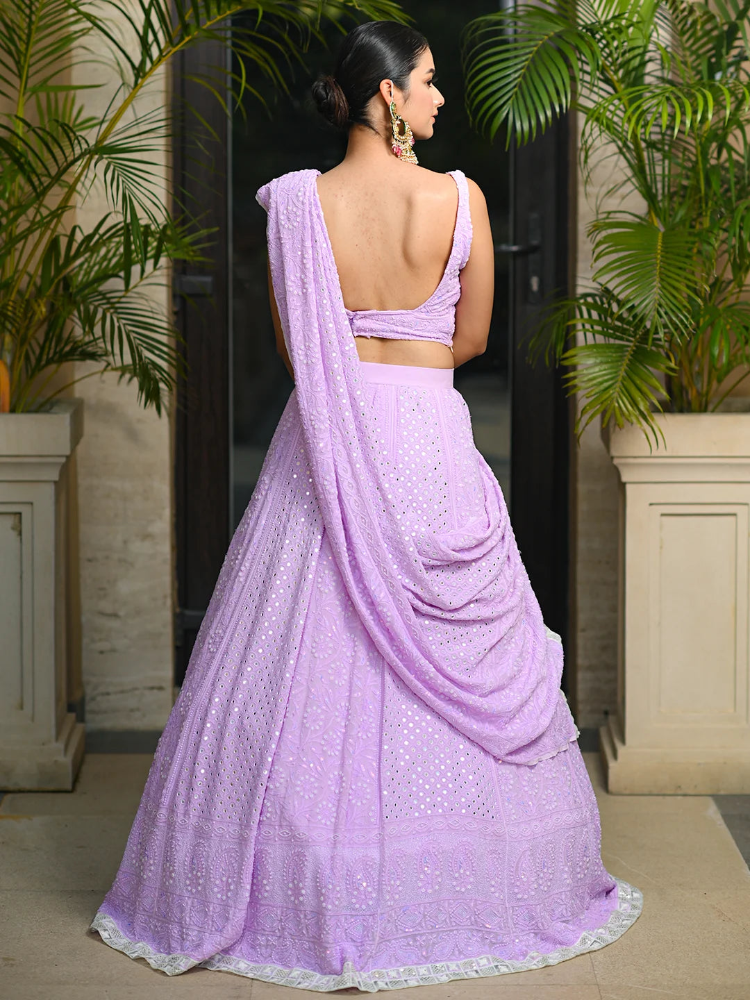 Lavender Chikankari Pearl & Mirror Work Lehenga Set