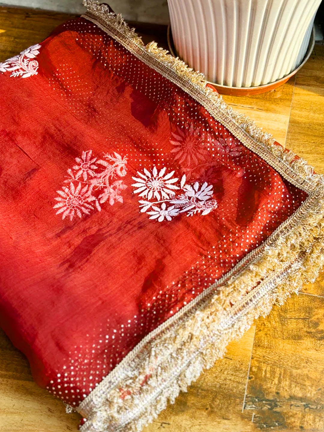 Maroon Leela Organza Chikankari Saree with Lace Border