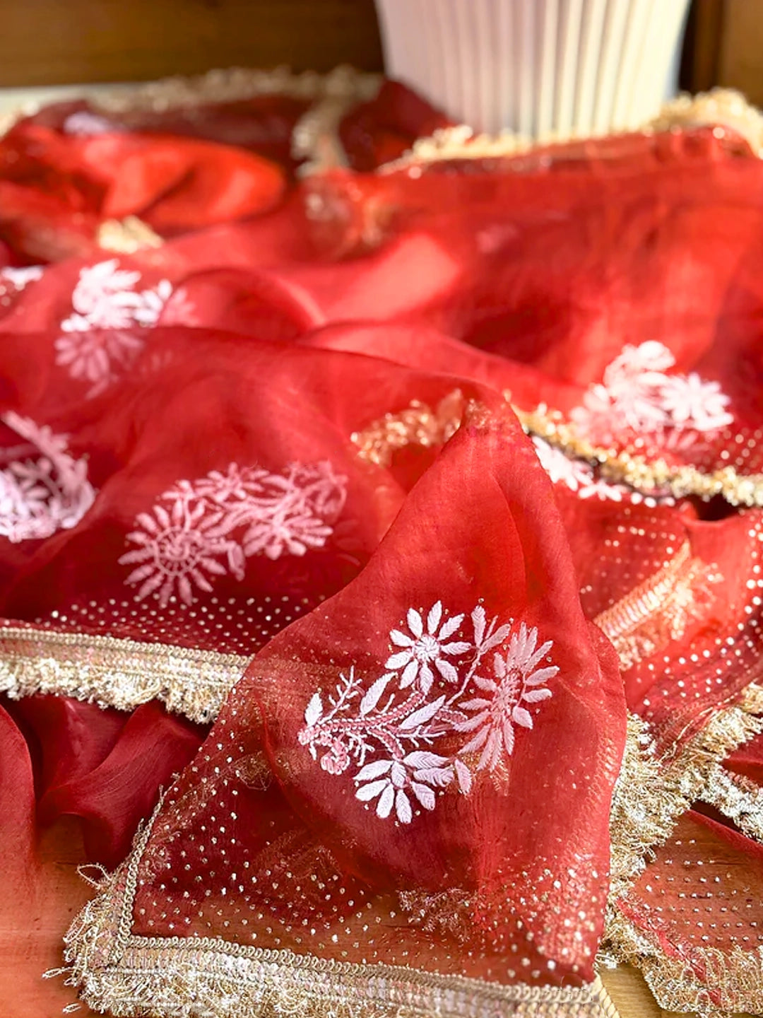 Maroon Leela Organza Chikankari Saree with Lace Border