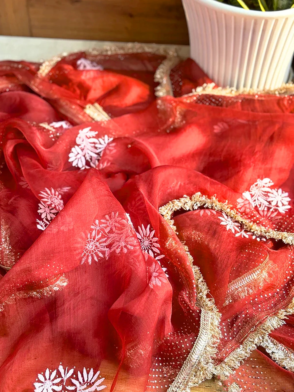 Maroon Leela Organza Chikankari Saree with Lace Border