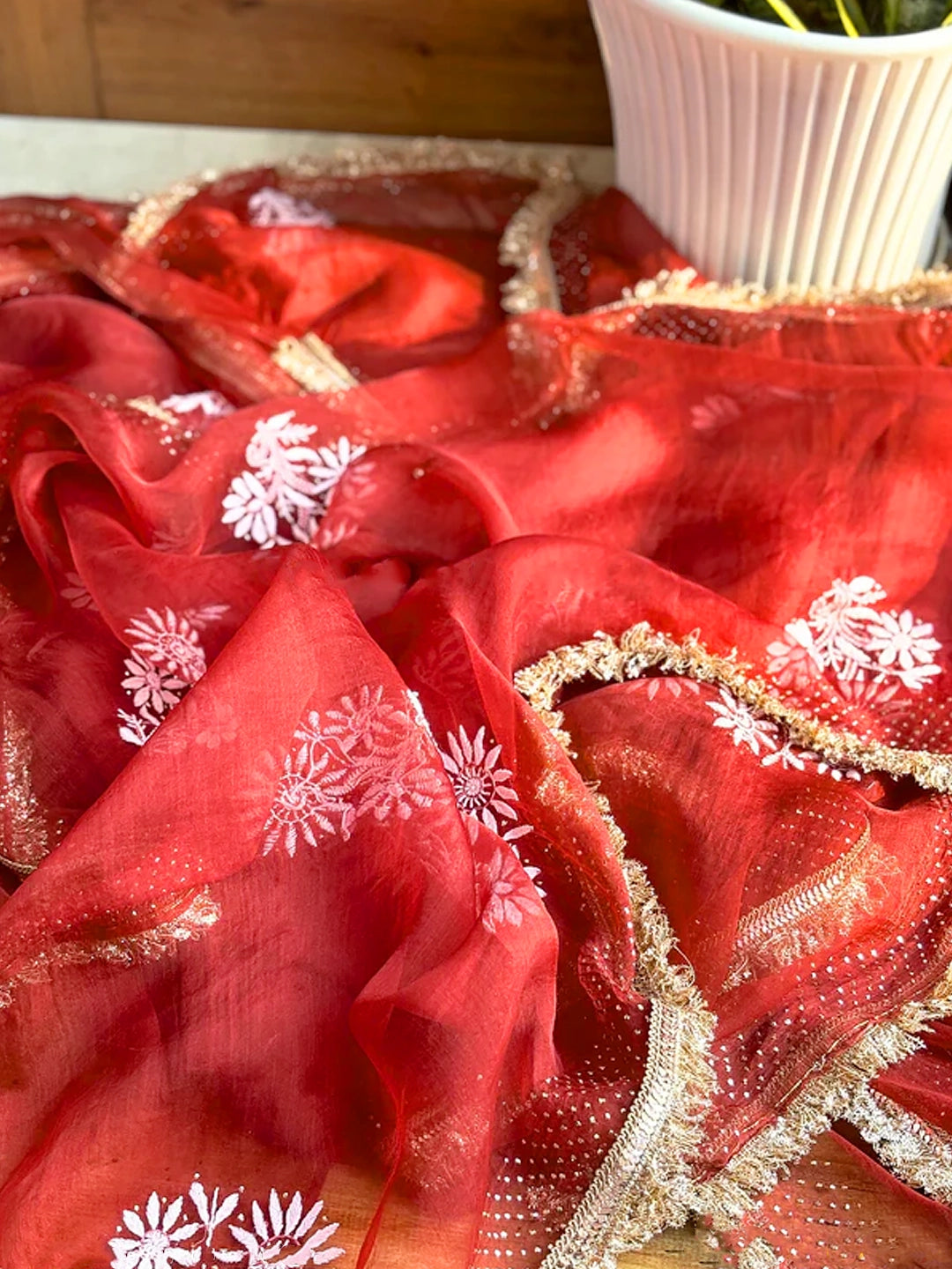 Maroon Leela Organza Chikankari Saree with Lace Border