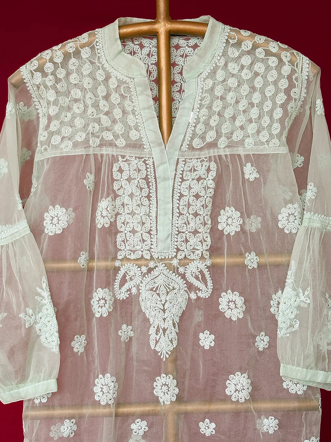 Light Green Aashna Organza Chikankari Short Kurta