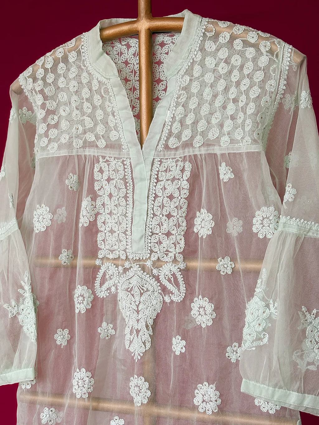 Light Green Aashna Organza Chikankari Short Kurta