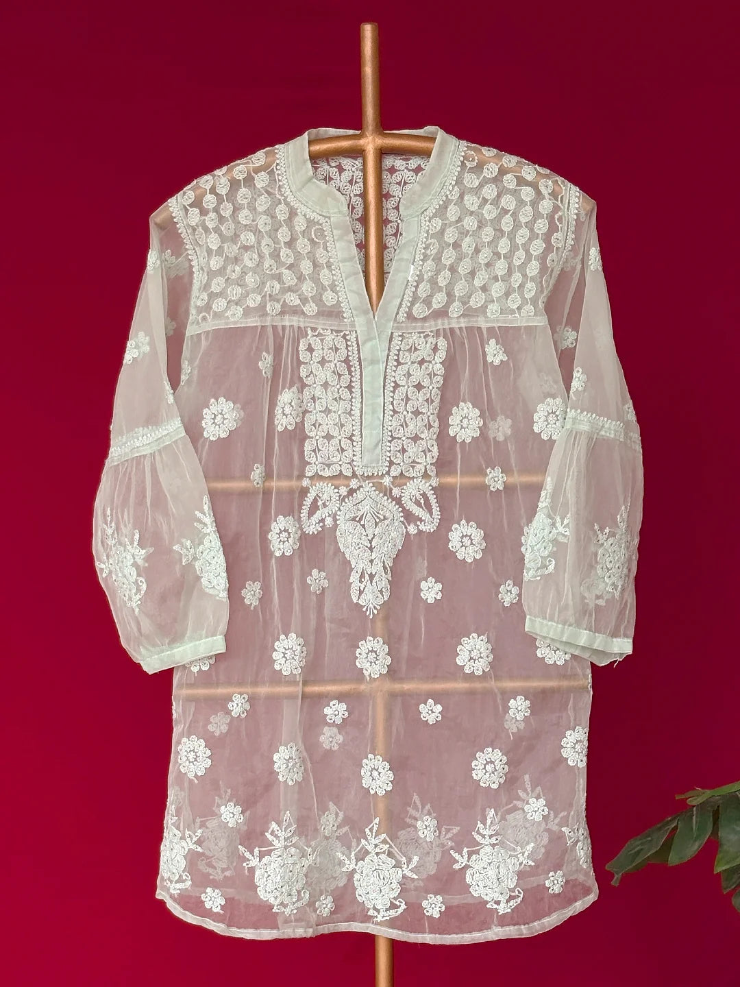 Light Green Aashna Organza Chikankari Short Kurta