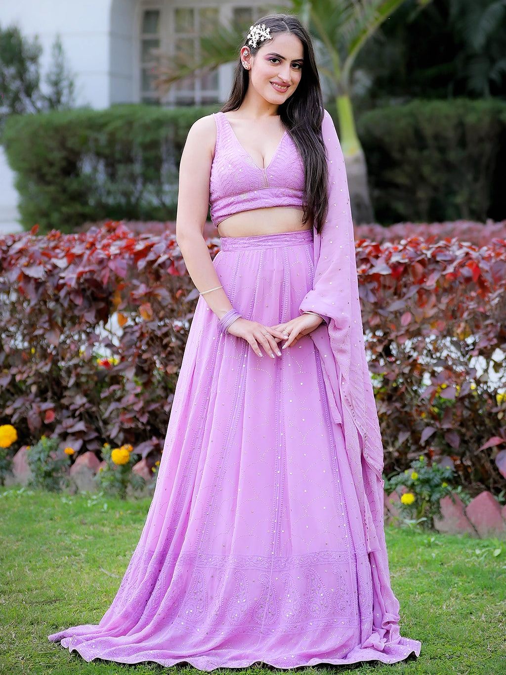 Lilac Sida Viscose Chikankari Embroidered Lehenga Set