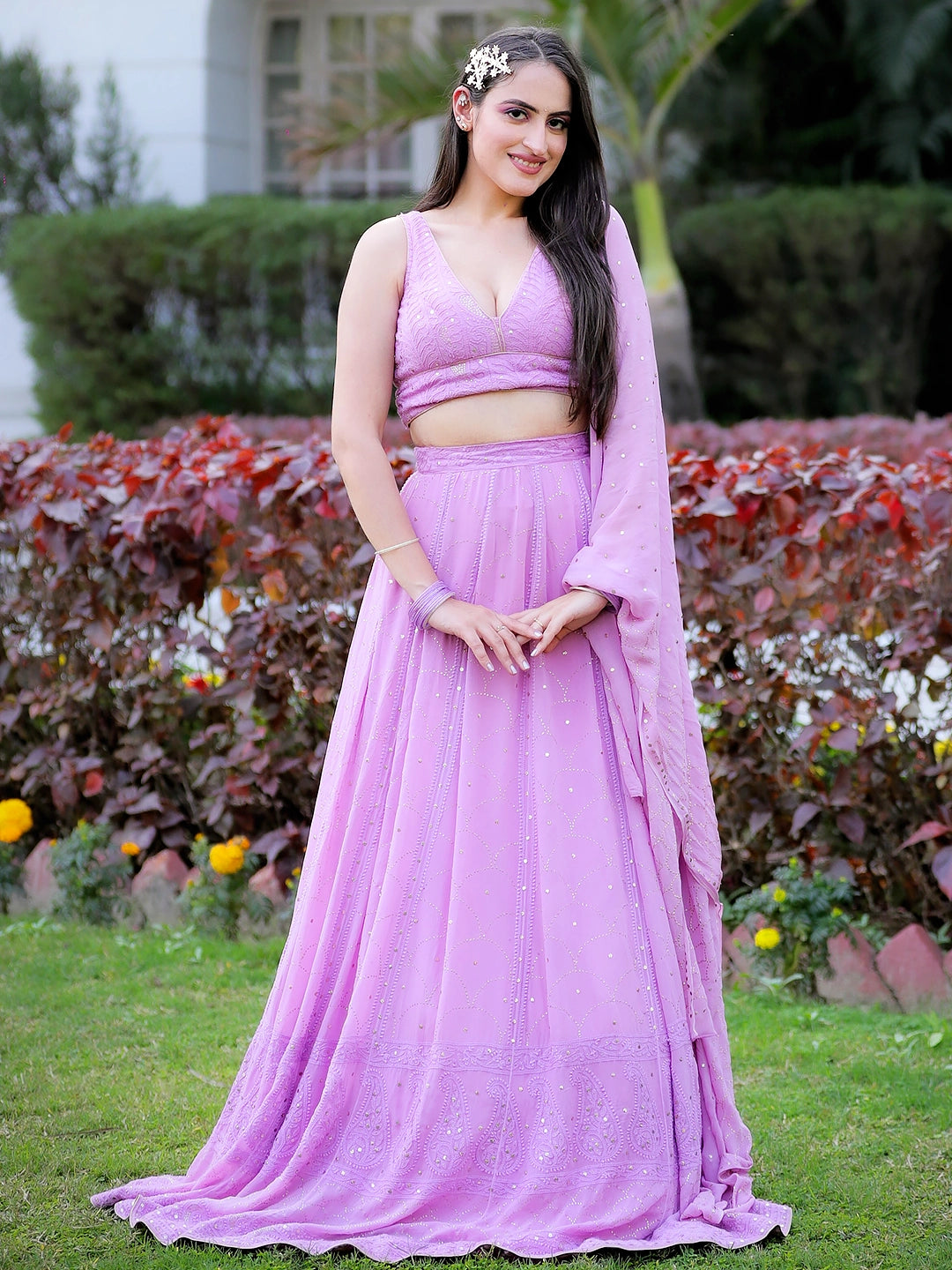 Lilac Sida Viscose Chikankari Embroidered Lehenga Set