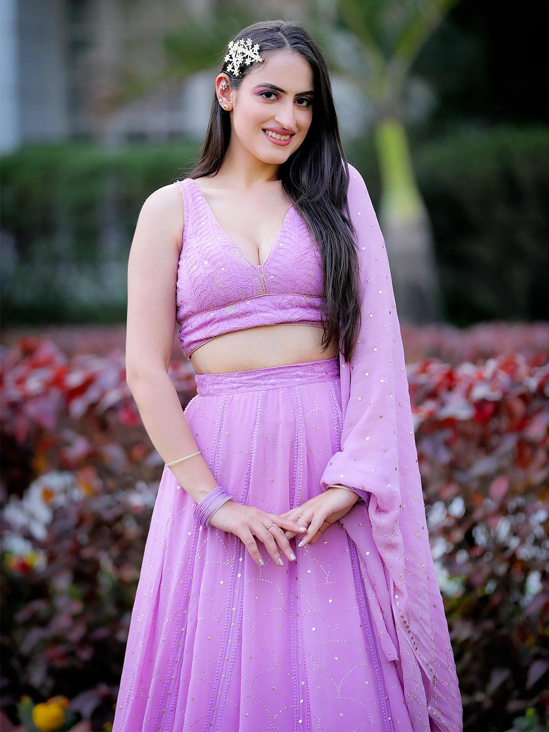 Lilac Sida Viscose Chikankari Embroidered Lehenga Set