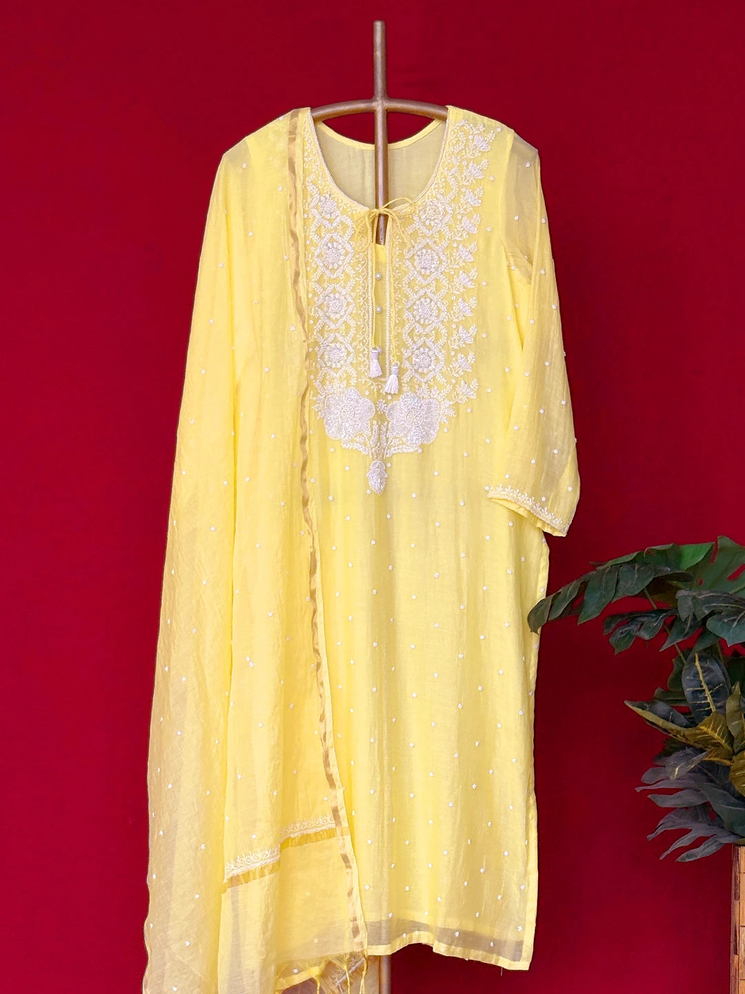 Lime Mul Chanderi Chikankari Straight Kurta With Dupatta