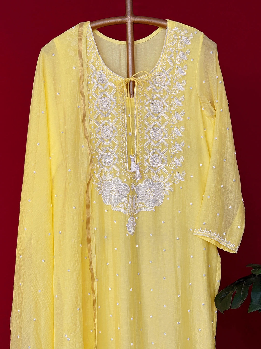 Lime Mul Chanderi Chikankari Straight Kurta With Dupatta