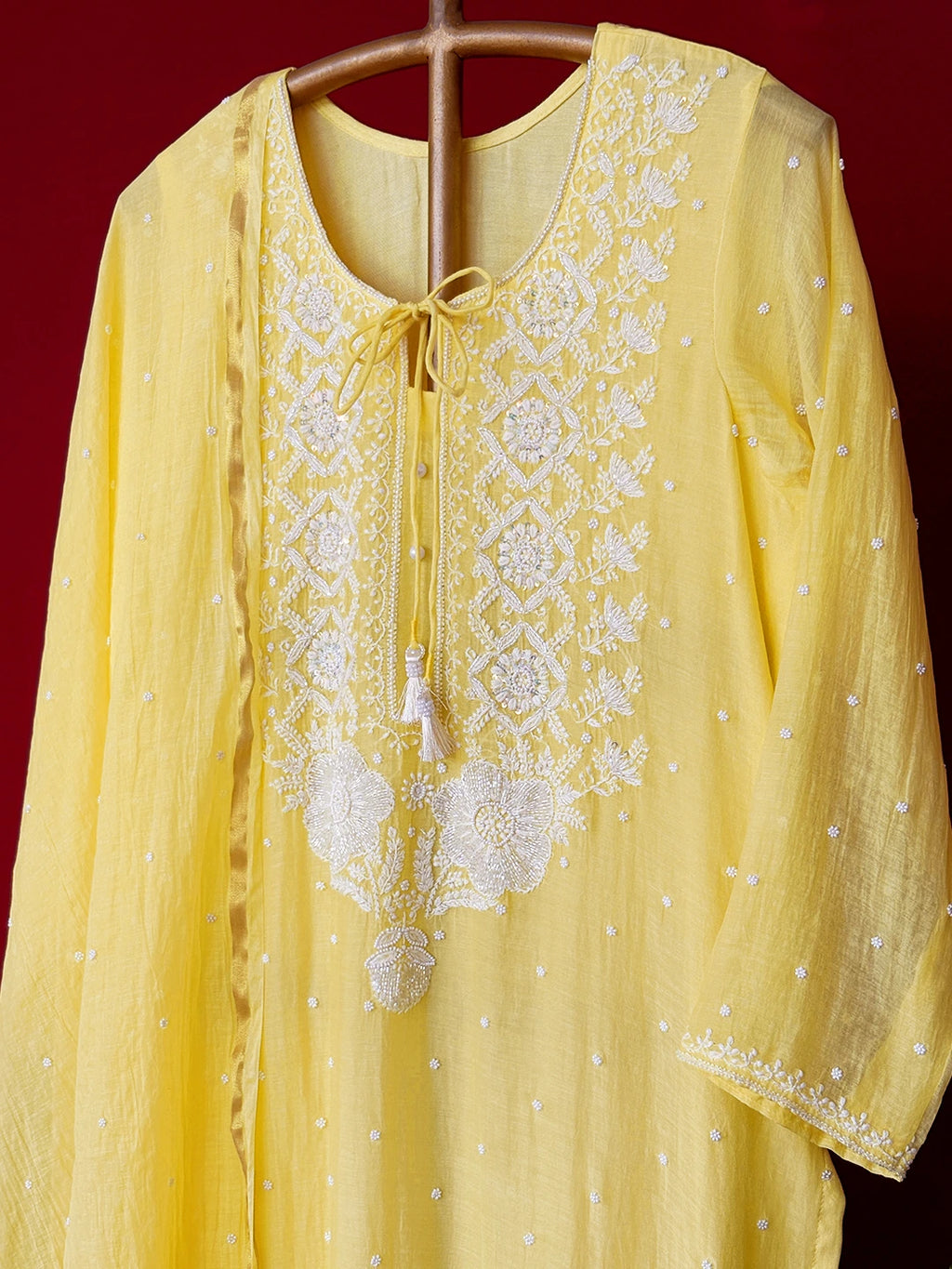 Lime Mul Chanderi Chikankari Straight Kurta With Dupatta