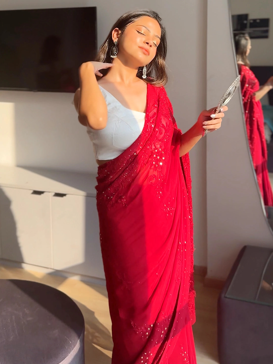 Maroon Heer Viscose Chikankari Embroidered Saree