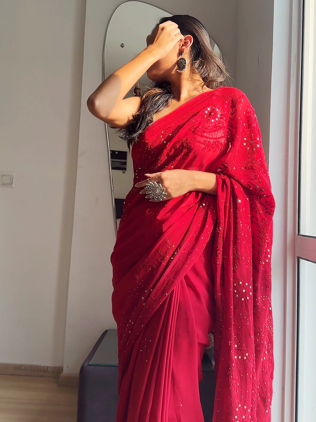 Maroon Heer Viscose Chikankari Embroidered Saree