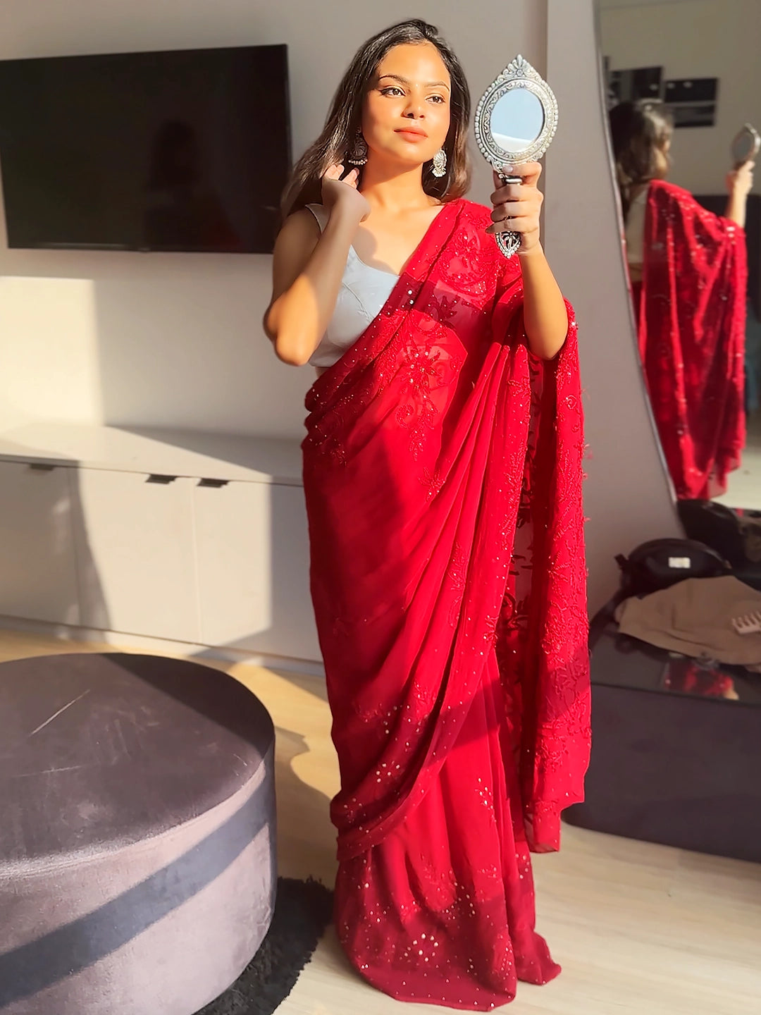 Maroon Heer Viscose Chikankari Embroidered Saree