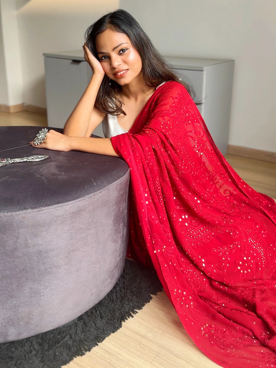 Maroon Heer Viscose Chikankari Embroidered Saree