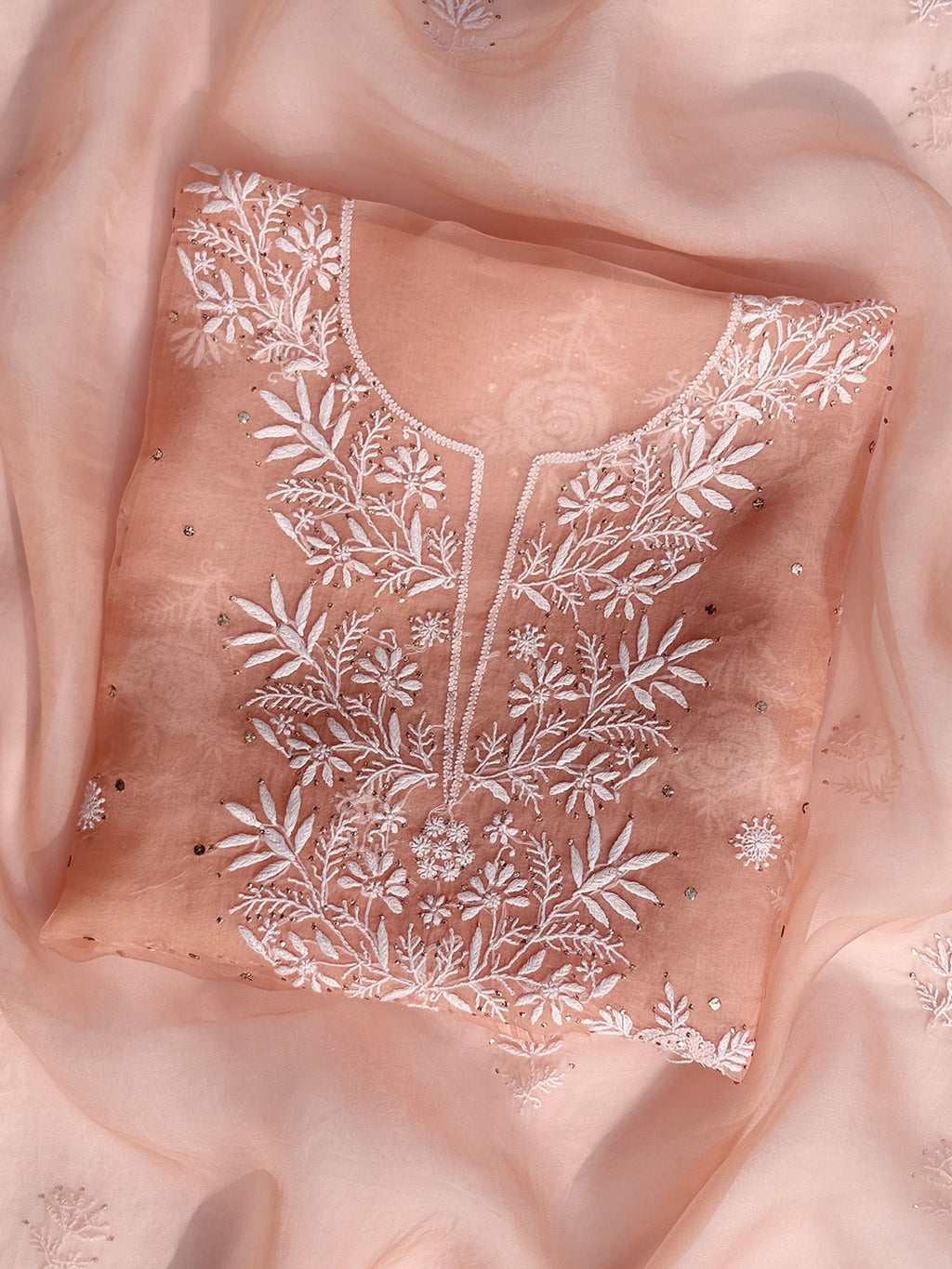 Mira Organza Chikankari Kurti Piece with Dupatta - Peach