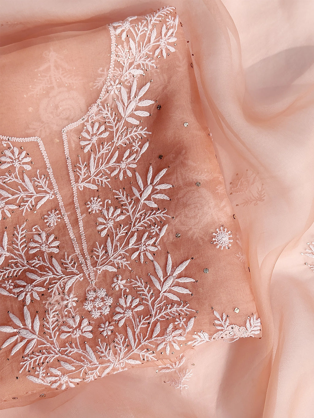 Mira Organza Chikankari Kurti Piece with Dupatta - Peach