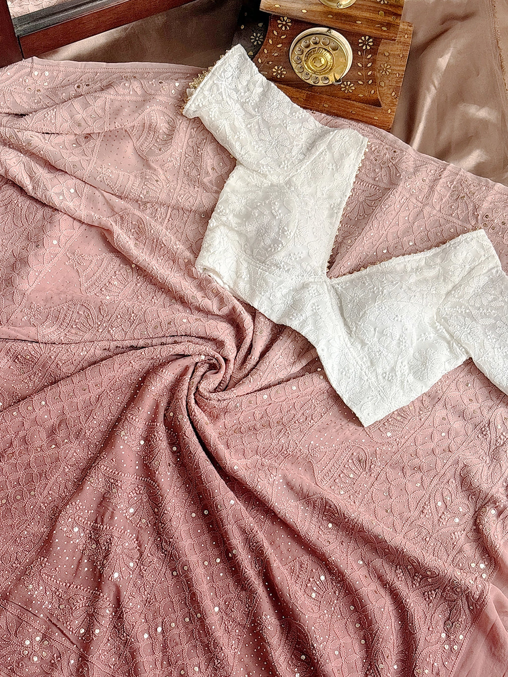 Mocha Rashi Viscose Chikankari Embroidered Saree