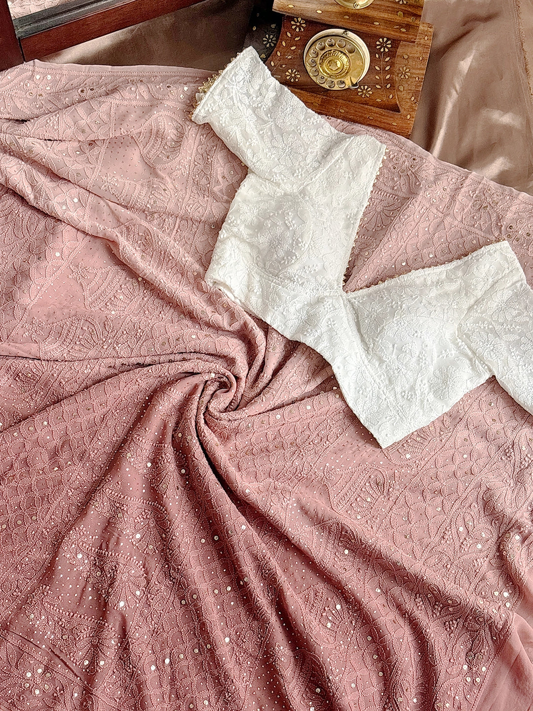 Mocha Rashi Viscose Chikankari Embroidered Saree