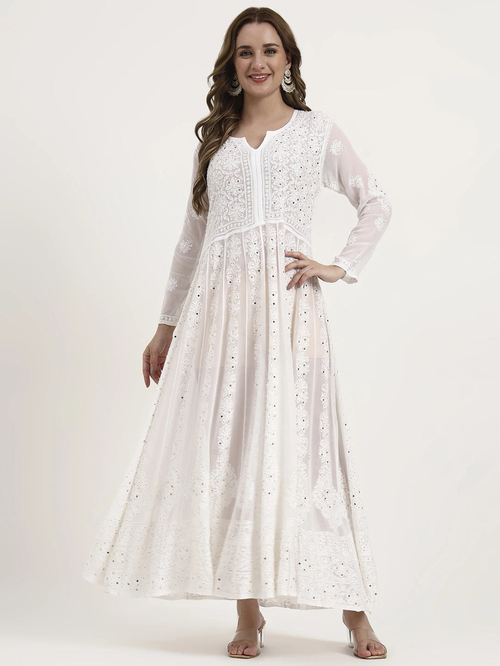 White Naazni Viscose Chikankari Anarkali