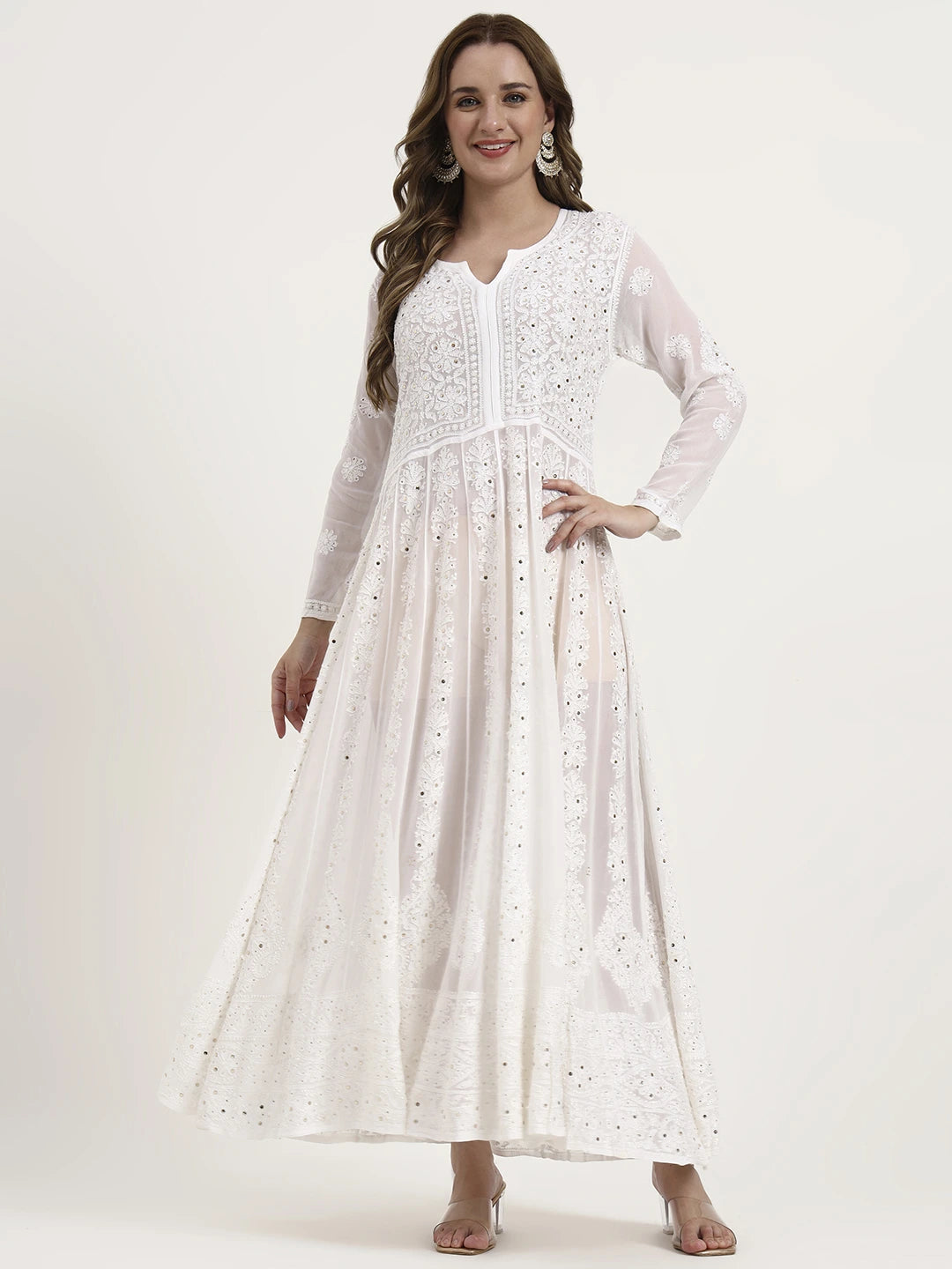 White Naazni Viscose Chikankari Anarkali