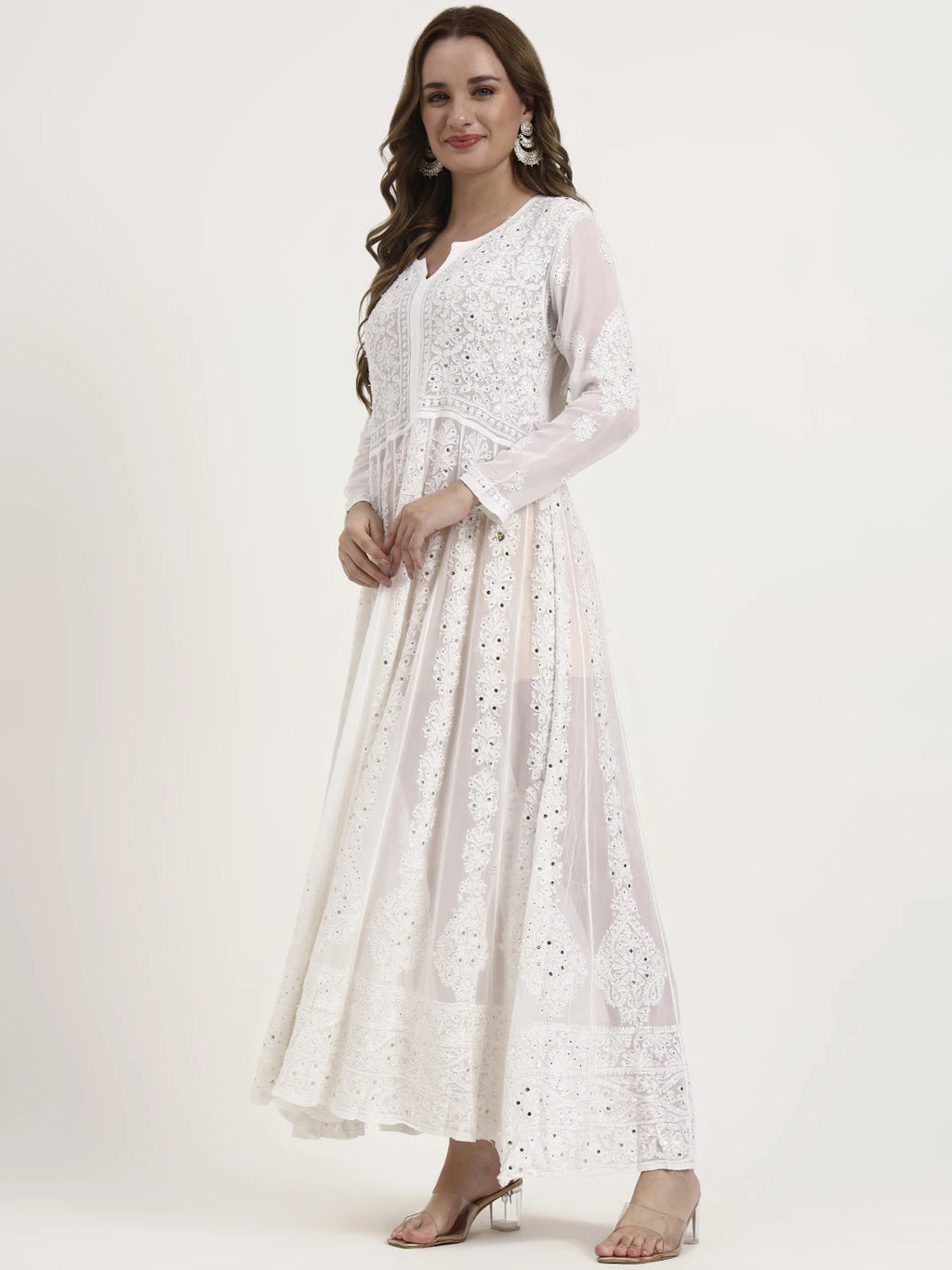White Naazni Viscose Chikankari Anarkali