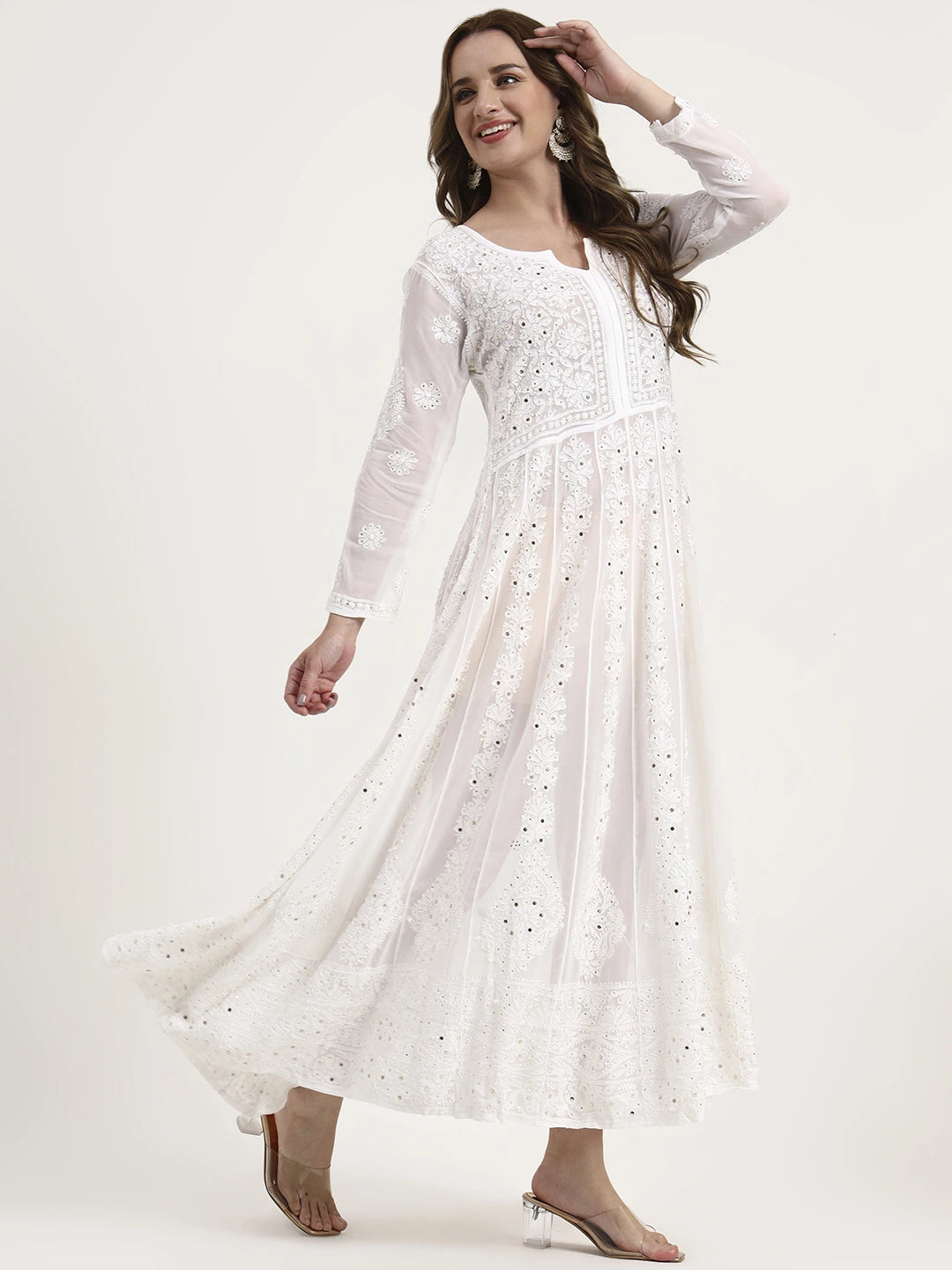 White Naazni Viscose Chikankari Anarkali