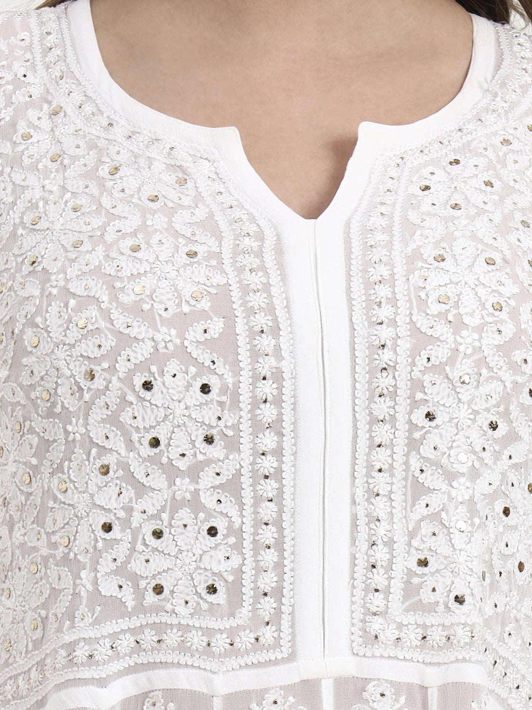 White Naazni Viscose Chikankari Anarkali