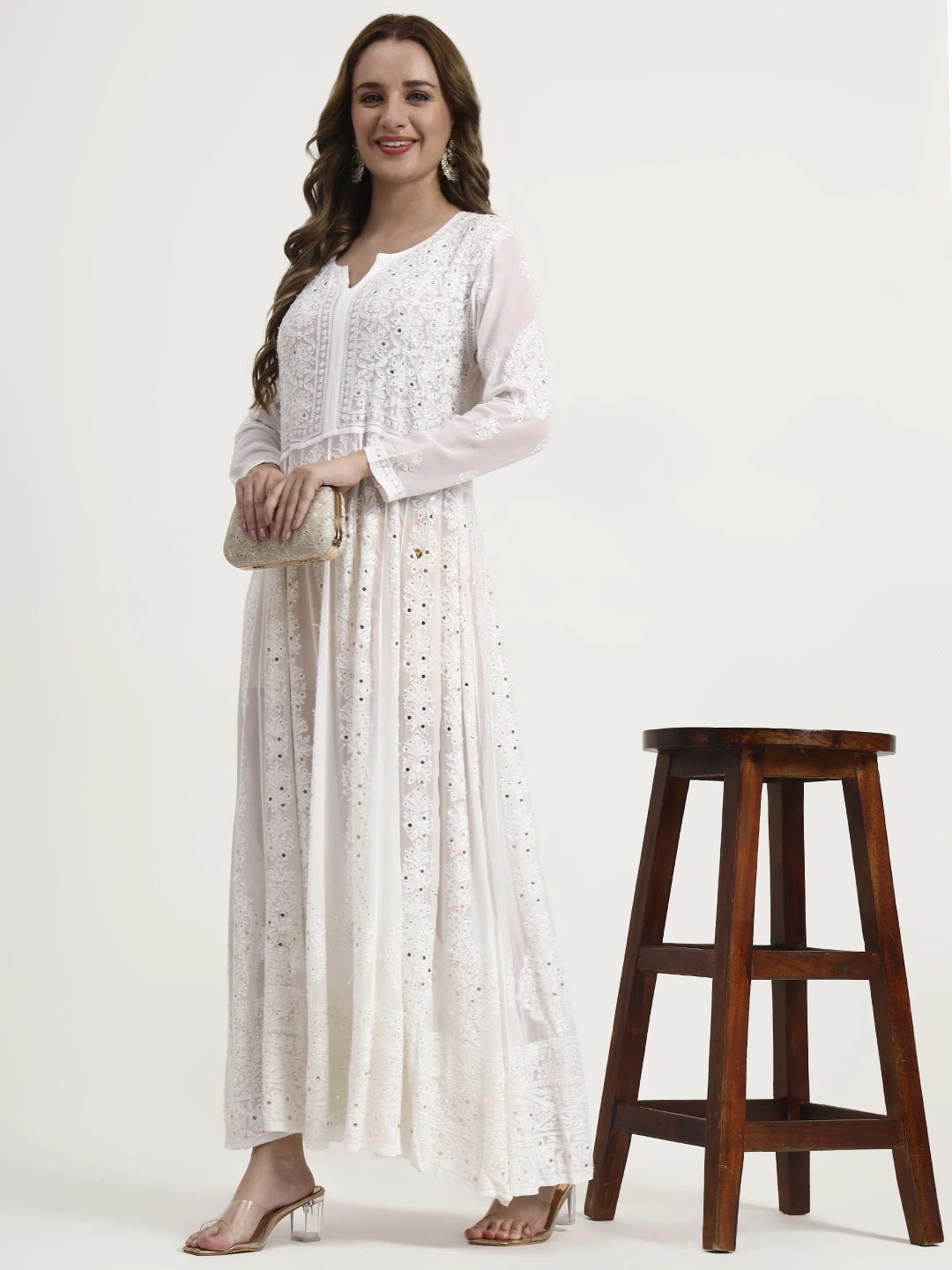 White Naazni Viscose Chikankari Anarkali