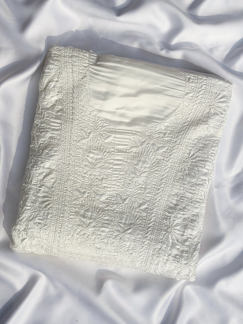 Mrunal Satin Modal Chikankari Kurti Piece with Dupatta - White