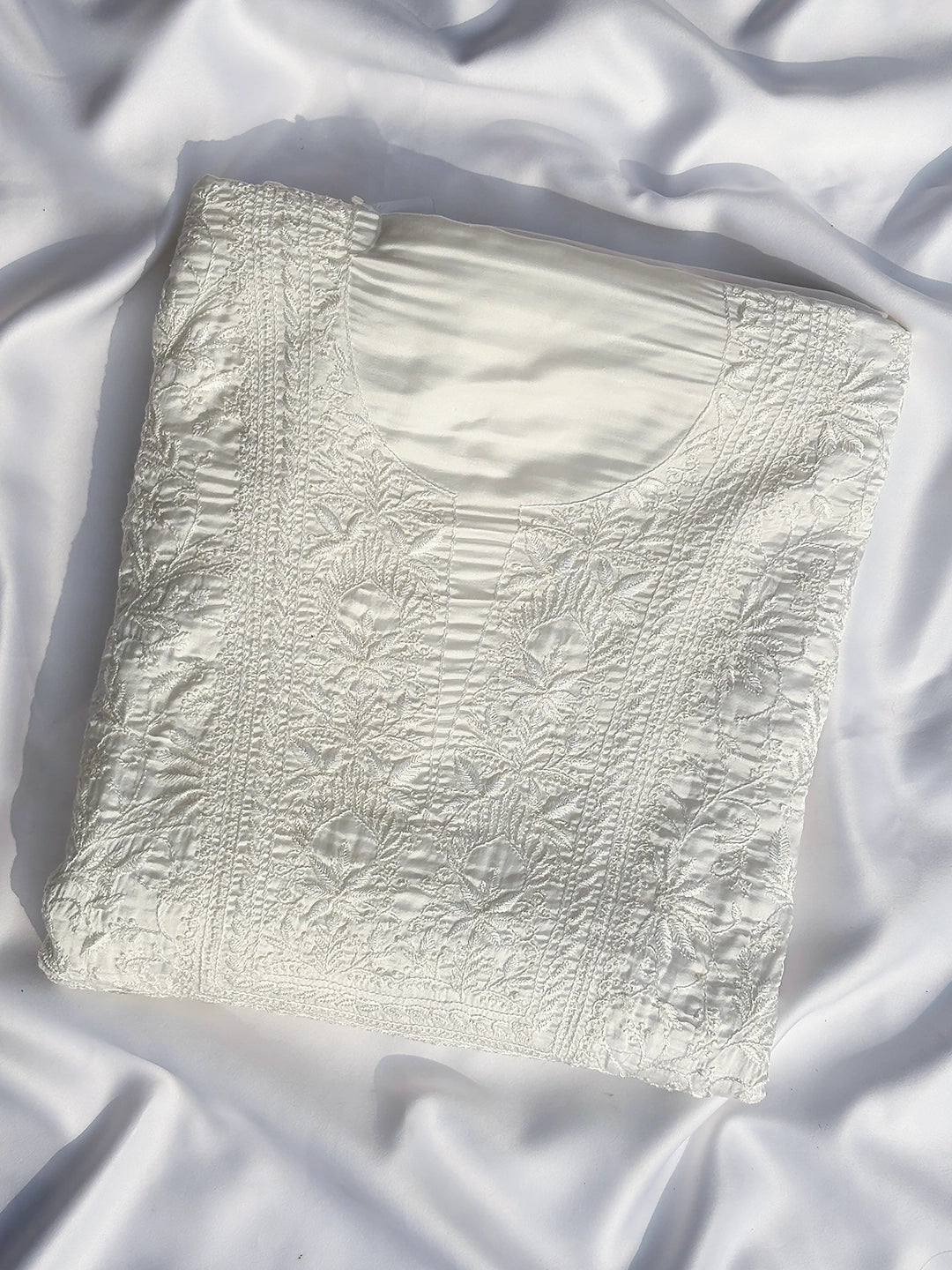 Mrunal Satin Modal Chikankari Kurti Piece with Dupatta - White