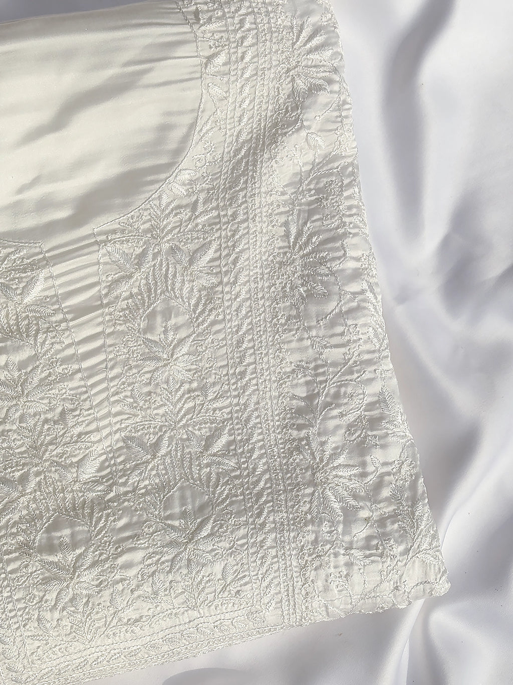 Mrunal Satin Modal Chikankari Kurti Piece with Dupatta - White