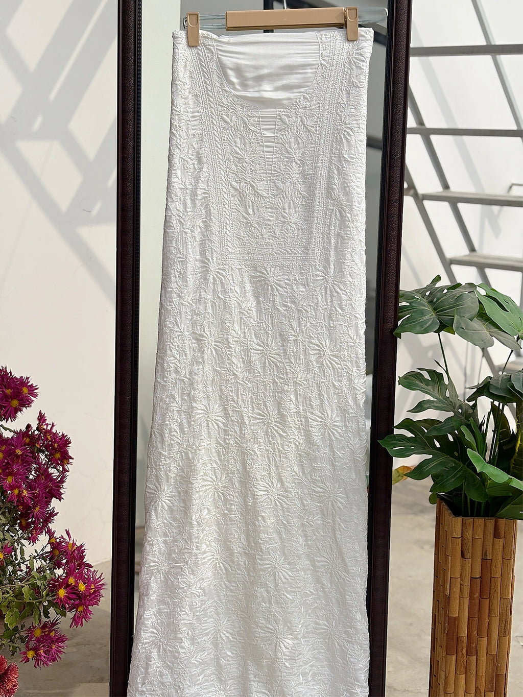 Mrunal Satin Modal Chikankari Kurti Piece with Dupatta - White