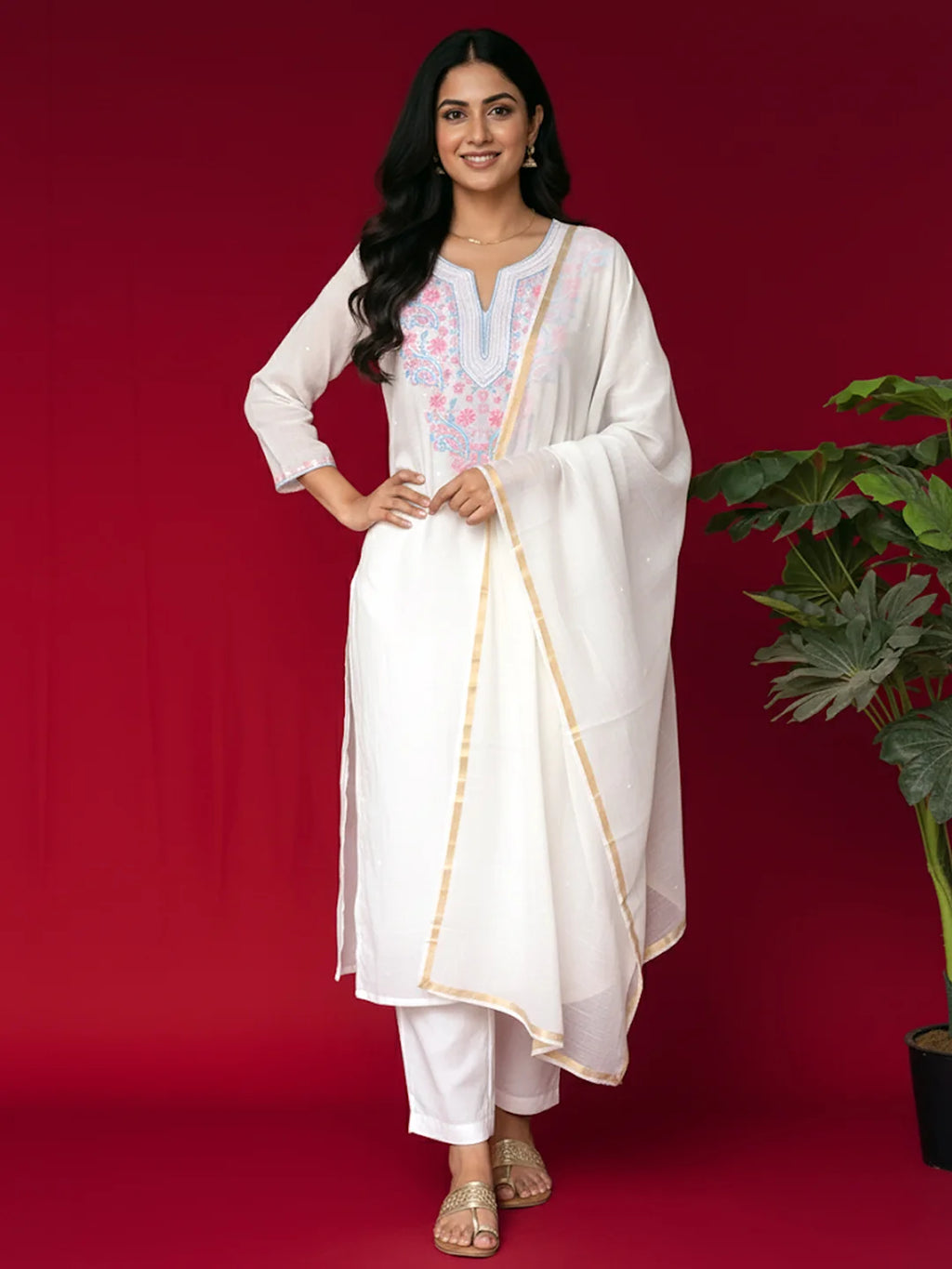 White Mul Chanderi Chikankari Straight Kurta With Dupatta